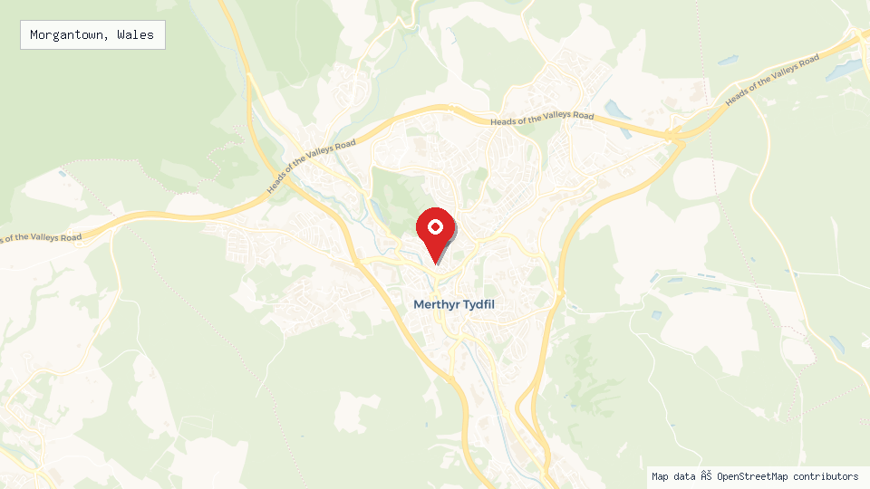 Street map of Morgantown, Wales with location pin