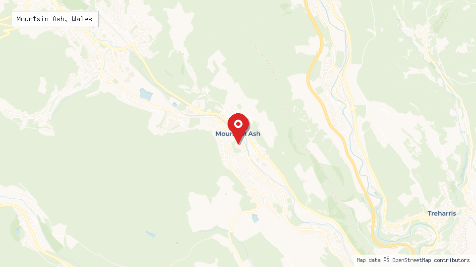 Street map of Mountain Ash, Wales with location pin