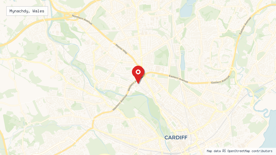 Street map of Mynachdy, Wales with location pin