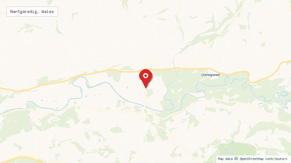 Street map of Nantgaredig, Wales with location pin