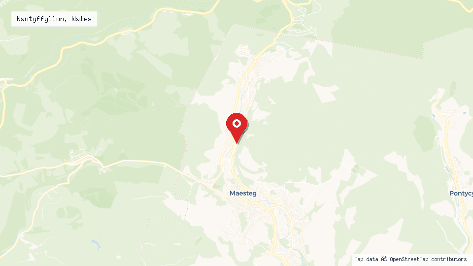 Street map of Nantyffyllon, Wales with location pin