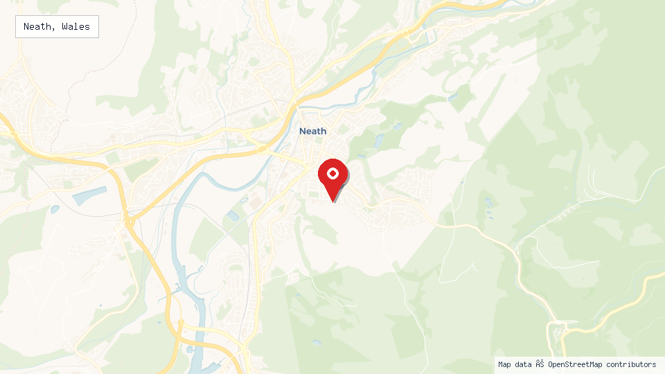 Street map of Neath, Wales with location pin