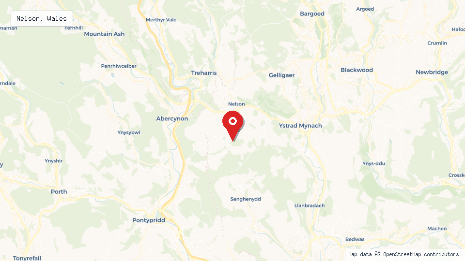 Street map of Nelson, Wales with location pin