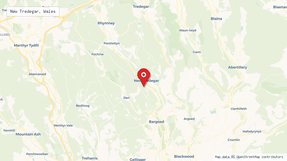 Street map of New Tredegar, Wales with location pin