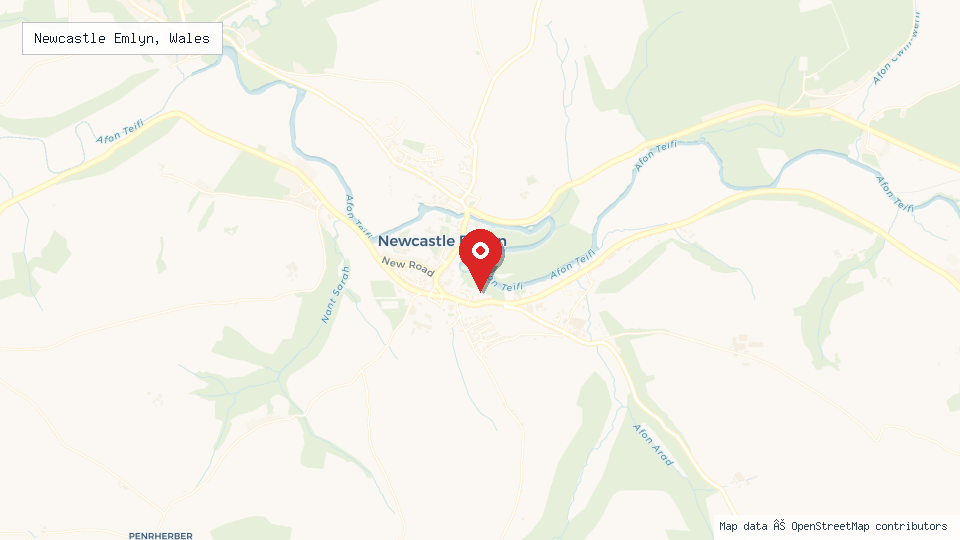 Street map of Newcastle Emlyn, Wales with location pin