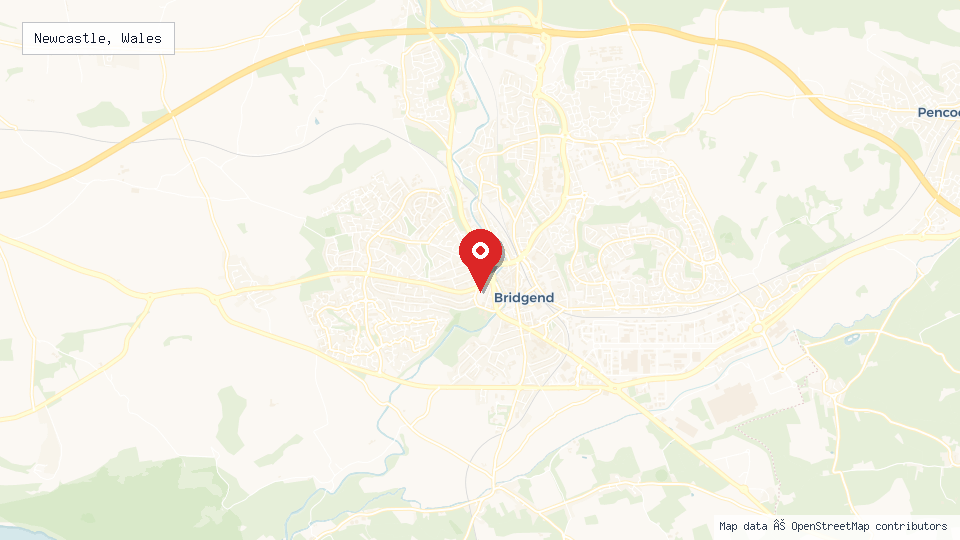 Street map of Newcastle, Wales with location pin