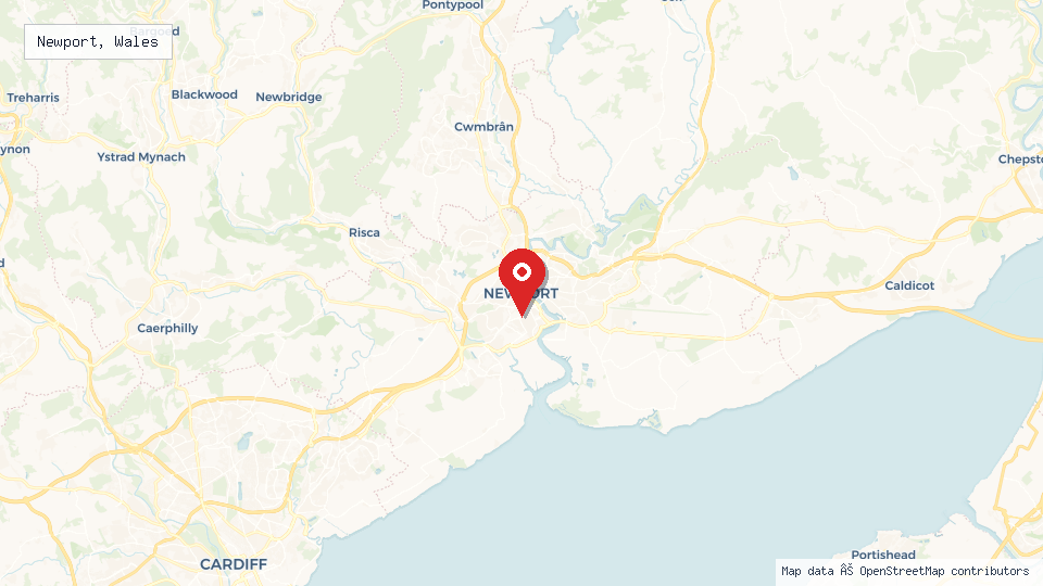 Street map of Newport, Wales with location pin