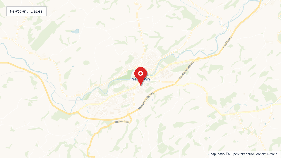 Street map of Newtown, Wales with location pin