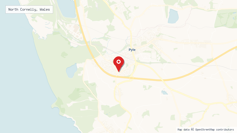 Street map of North Cornelly, Wales with location pin