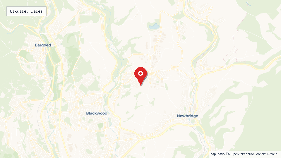 Street map of Oakdale, Wales with location pin