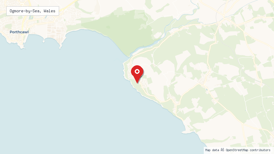 Street map of Ogmore-by-Sea, Wales with location pin