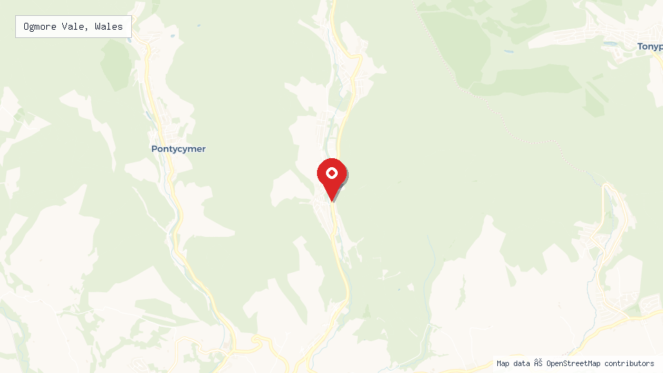 Street map of Ogmore Vale, Wales with location pin