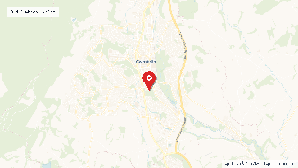 Street map of Old Cwmbran, Wales with location pin