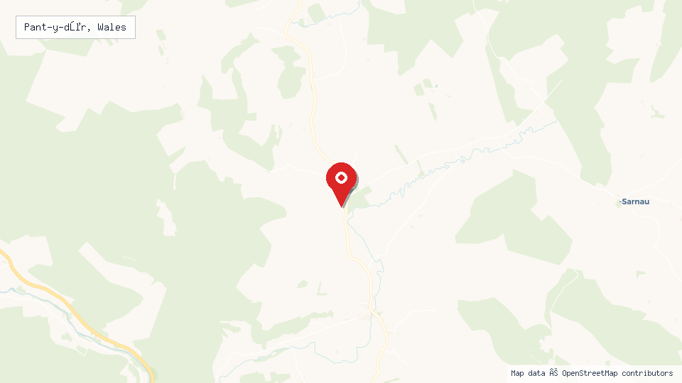 Street map of Pant-y-dŵr, Wales with location pin