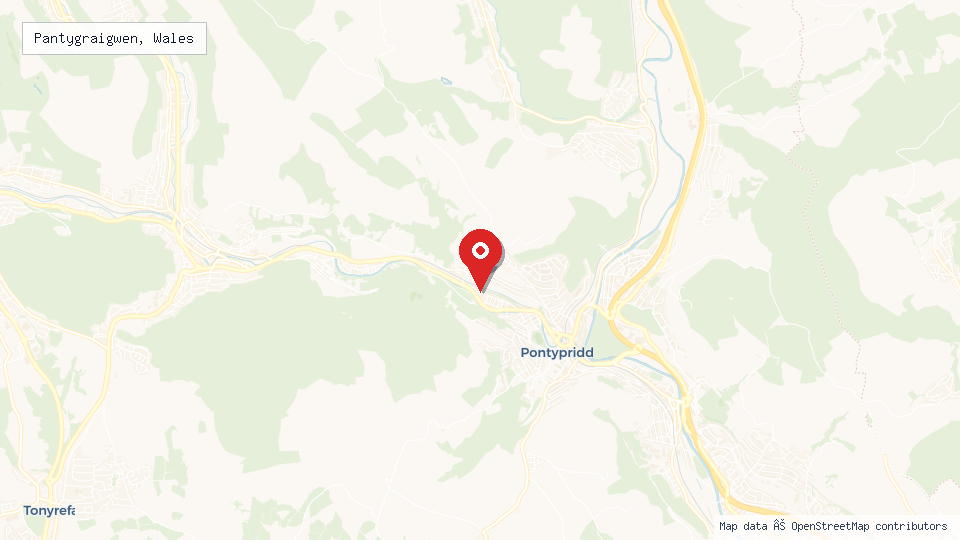 Street map of Pantygraigwen, Wales with location pin
