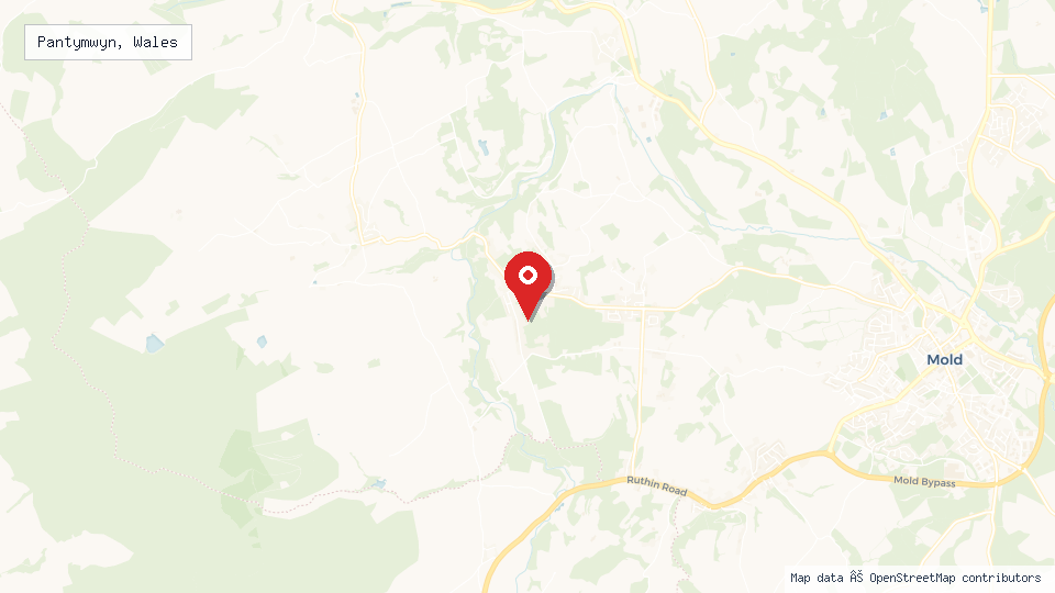 Street map of Pantymwyn, Wales with location pin