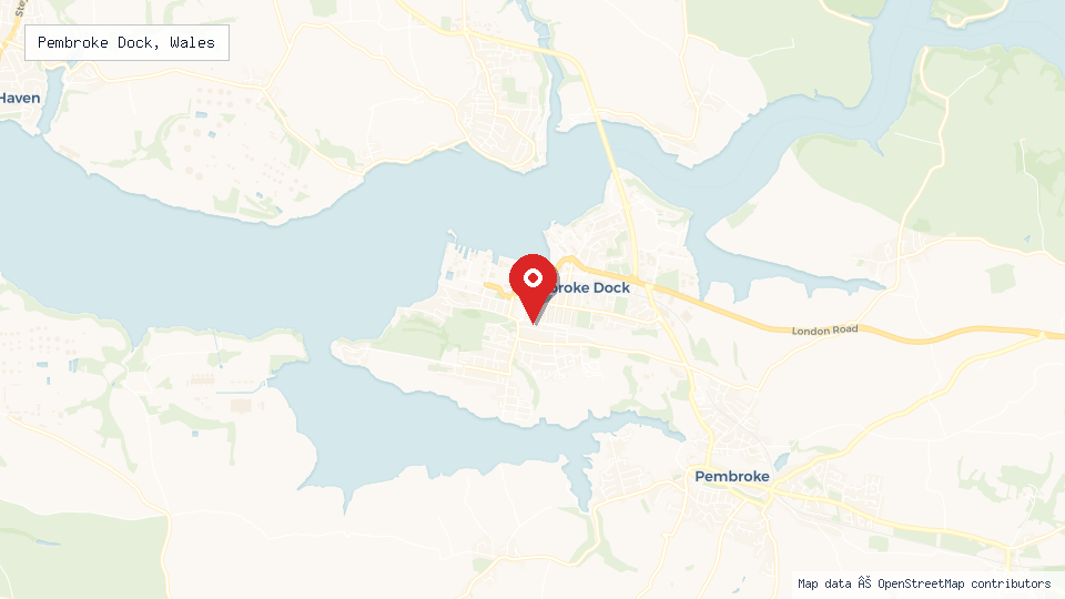 Street map of Pembroke Dock, Wales with location pin