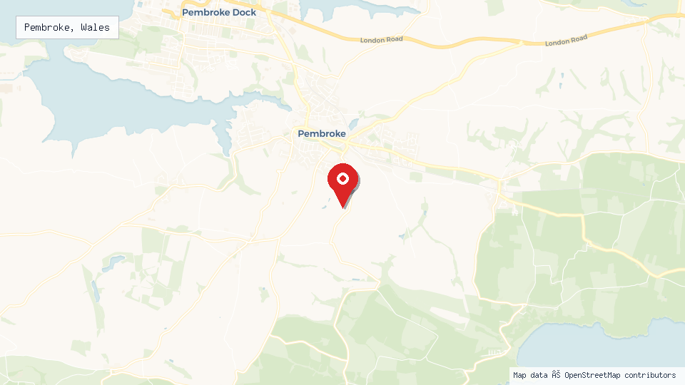 Street map of Pembroke, Wales with location pin
