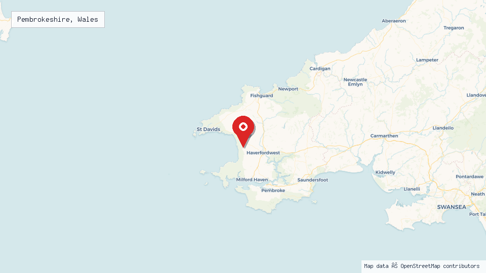 Street map of Pembrokeshire, Wales with location pin