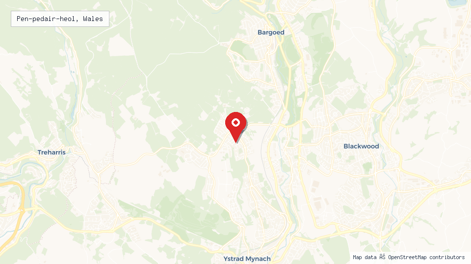Street map of Pen-pedair-heol, Wales with location pin