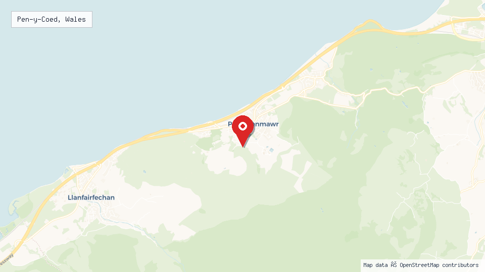 Street map of Pen-y-Coed, Wales with location pin