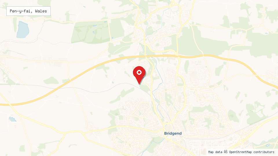 Street map of Pen-y-fai, Wales with location pin