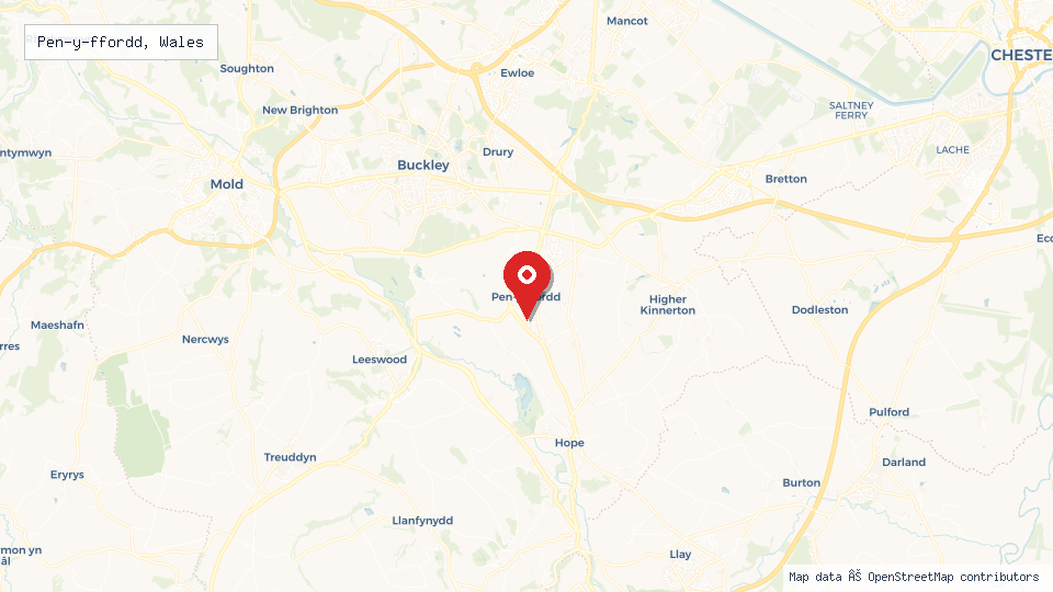 Street map of Pen-y-ffordd, Wales with location pin