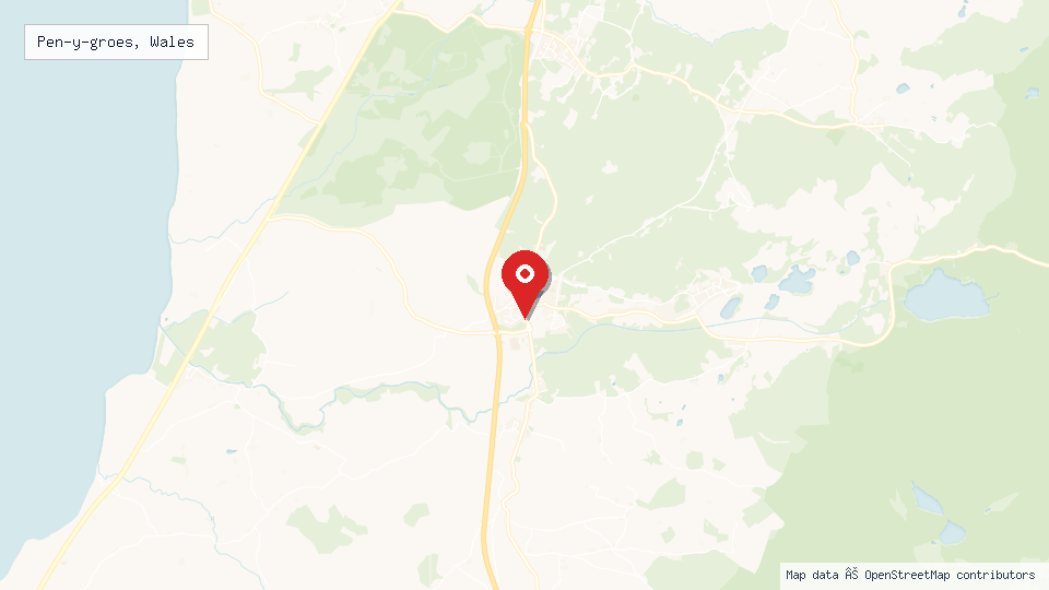 Street map of Pen-y-groes, Wales with location pin