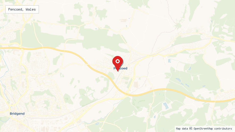 Street map of Pencoed, Wales with location pin