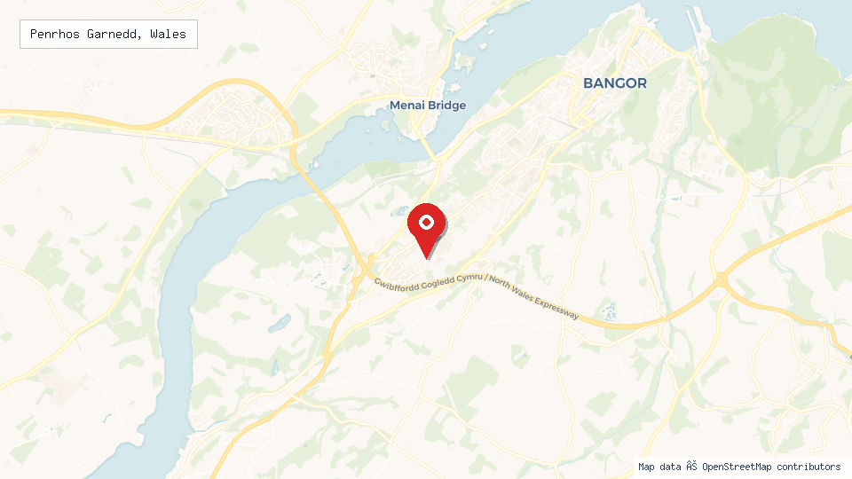 Street map of Penrhos Garnedd, Wales with location pin