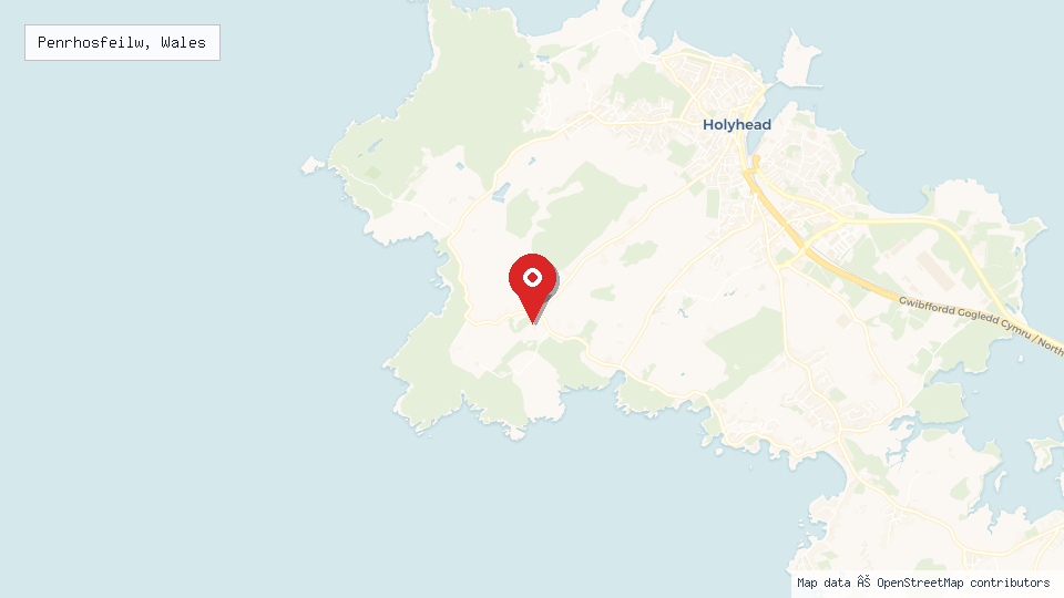Street map of Penrhosfeilw, Wales with location pin