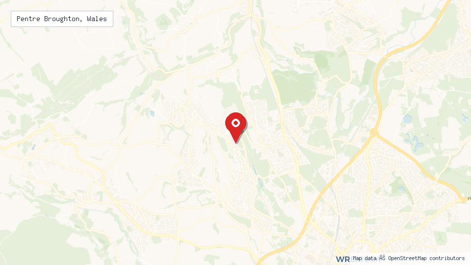 Street map of Pentre Broughton, Wales with location pin
