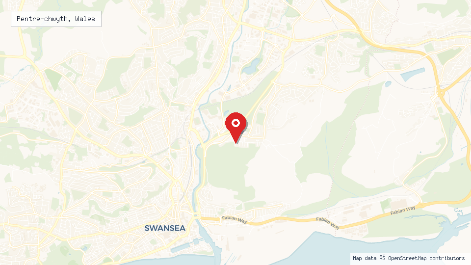 Street map of Pentre-chwyth, Wales with location pin