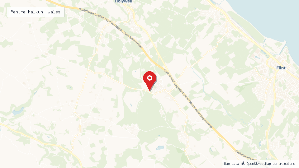 Street map of Pentre Halkyn, Wales with location pin