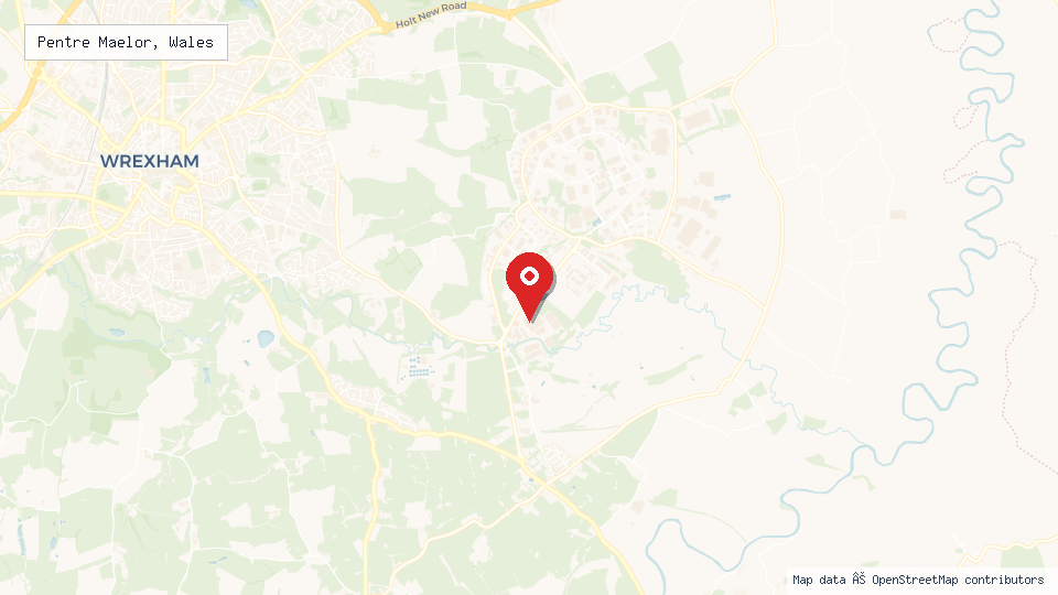 Street map of Pentre Maelor, Wales with location pin