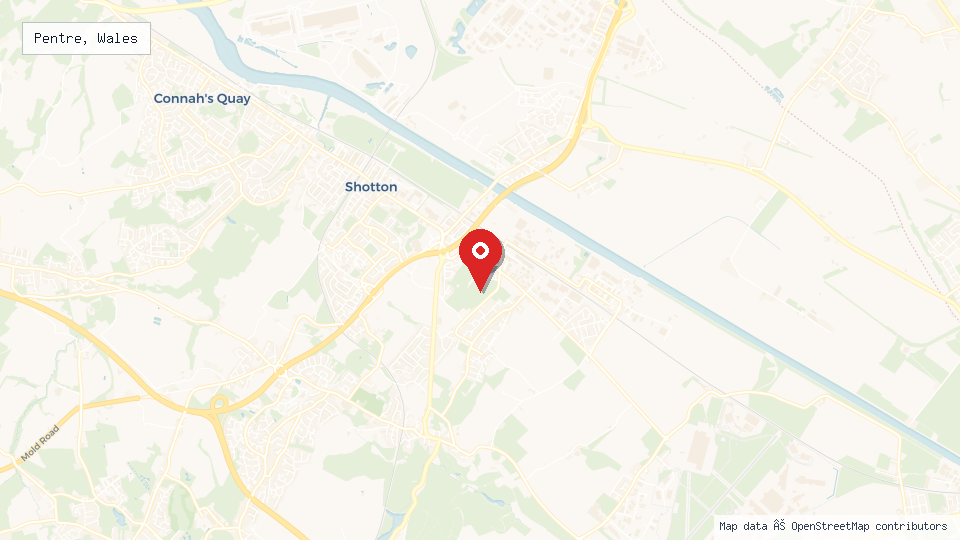 Street map of Pentre, Wales with location pin
