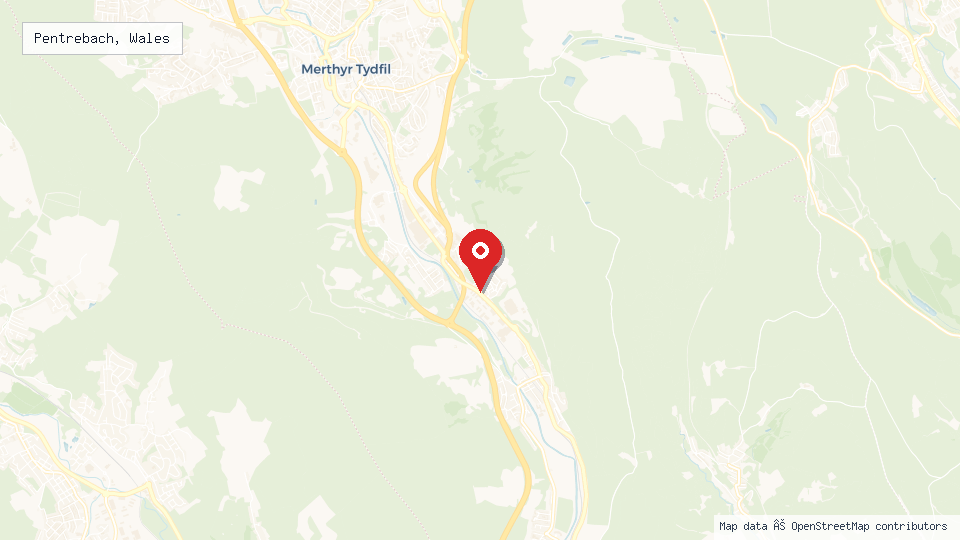 Street map of Pentrebach, Wales with location pin