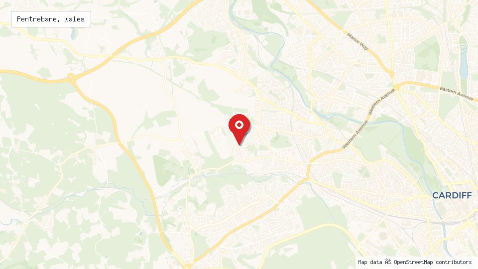 Street map of Pentrebane, Wales with location pin
