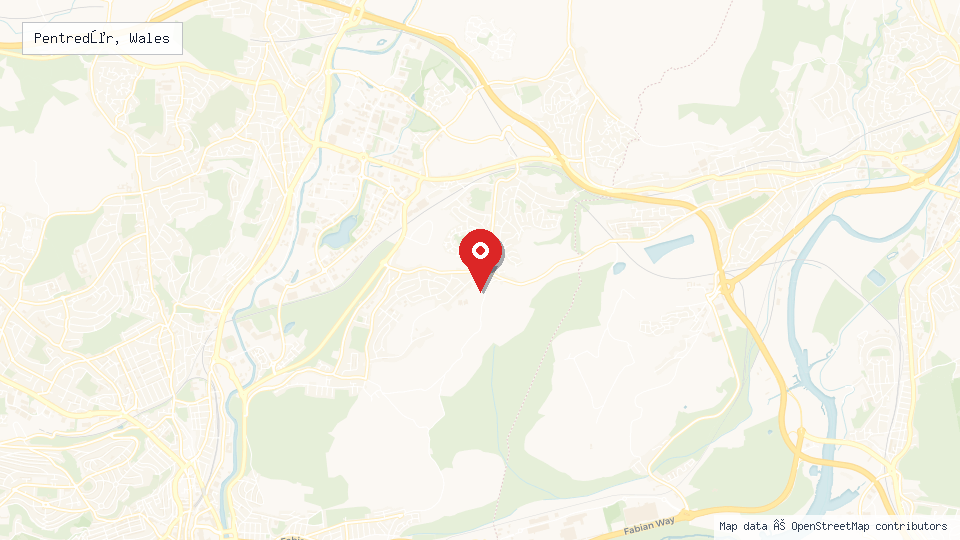 Street map of Pentredŵr, Wales with location pin