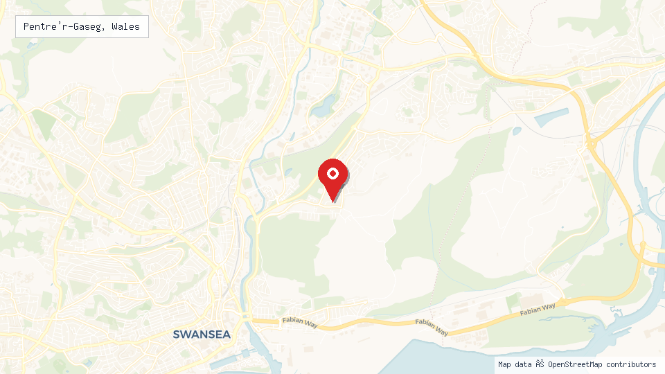 Street map of Pentre'r-Gaseg, Wales with location pin