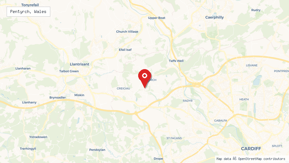 Street map of Pentyrch, Wales with location pin