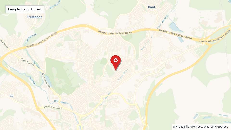 Street map of Penydarren, Wales with location pin