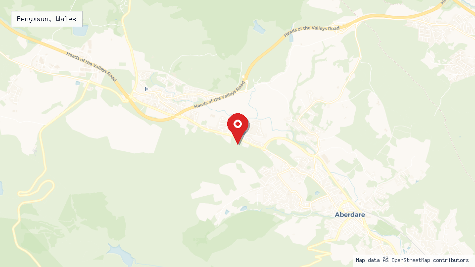 Street map of Penywaun, Wales with location pin
