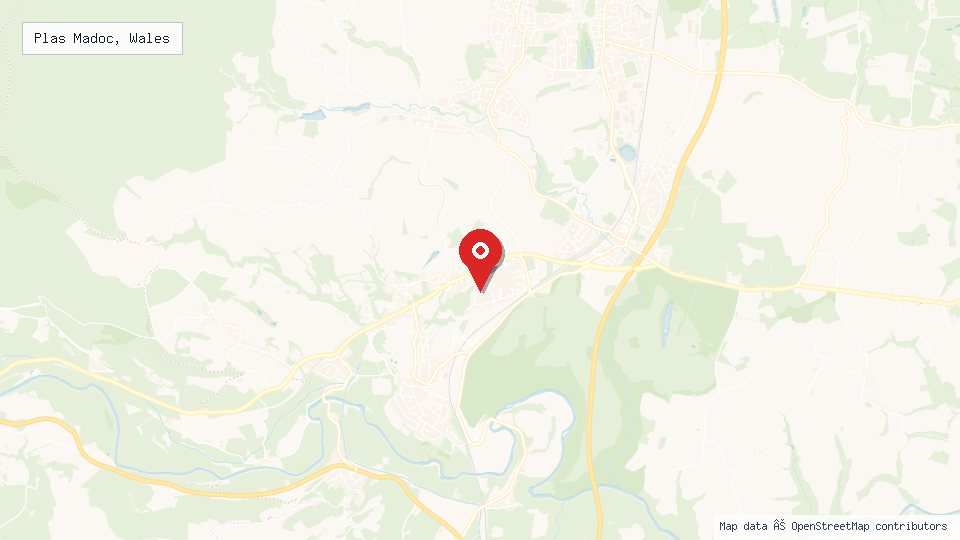 Street map of Plas Madoc, Wales with location pin