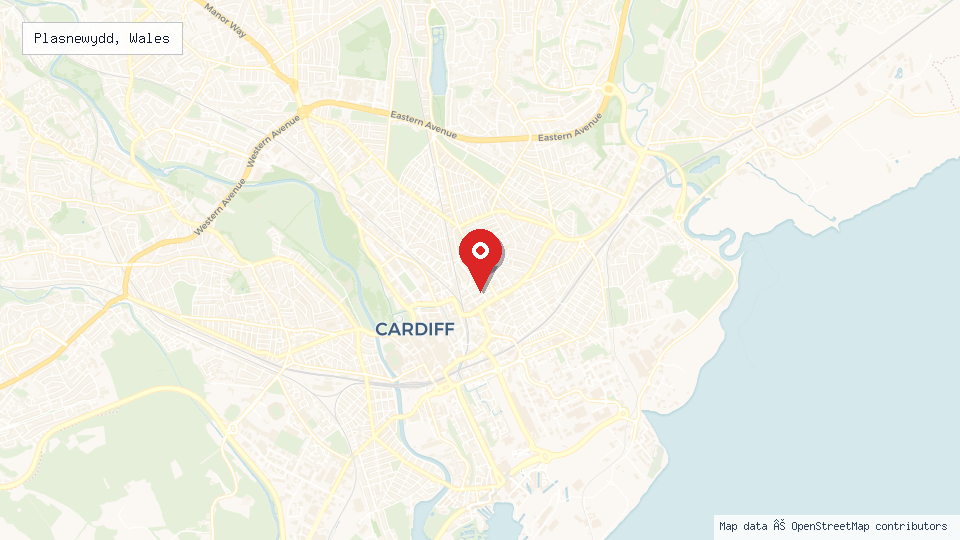 Street map of Plasnewydd, Wales with location pin