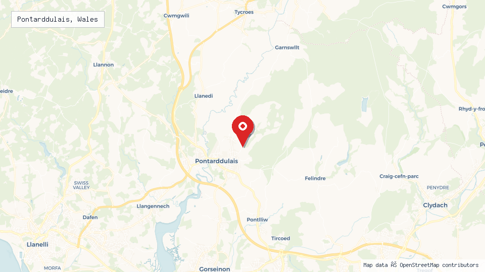 Street map of Pontarddulais, Wales with location pin