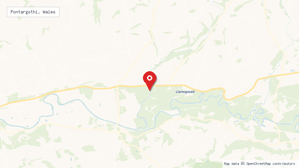 Street map of Pontargothi, Wales with location pin