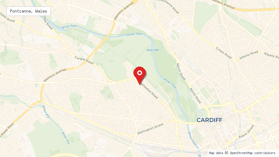 Street map of Pontcanna, Wales with location pin