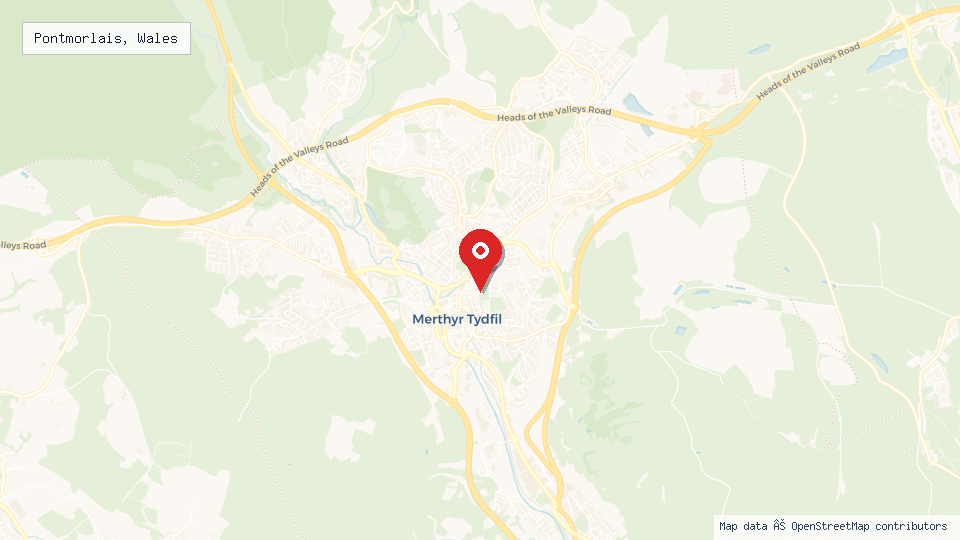 Street map of Pontmorlais, Wales with location pin