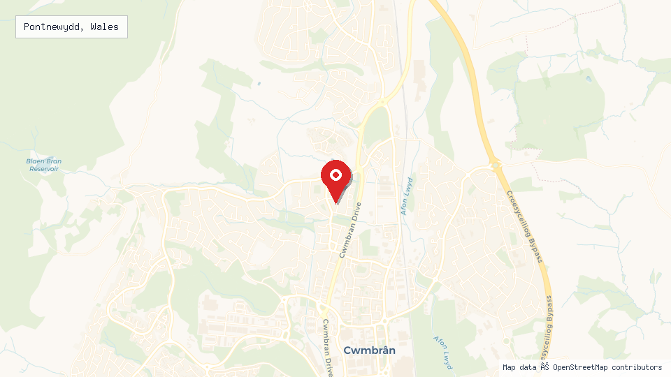 Street map of Pontnewydd, Wales with location pin